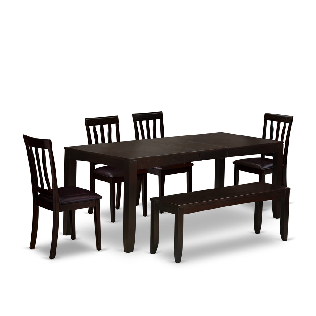 Add Elegance to Your Dining Space with  LYAN6-AYA-W6, 6-Piece Rectangular Dining Table Set Featuring Butterfly Leaf & Faux Leather Chairs Accompanied by a Versatile Bench, in Rich Cappuccino Finish