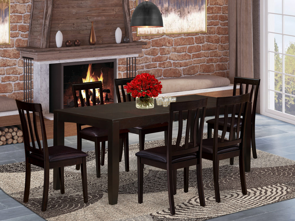 LYAN7-071-UZ 7-Piece Rectangle Dining Set with Butterfly Leaf & Faux Leather Chairs, Cappuccino
