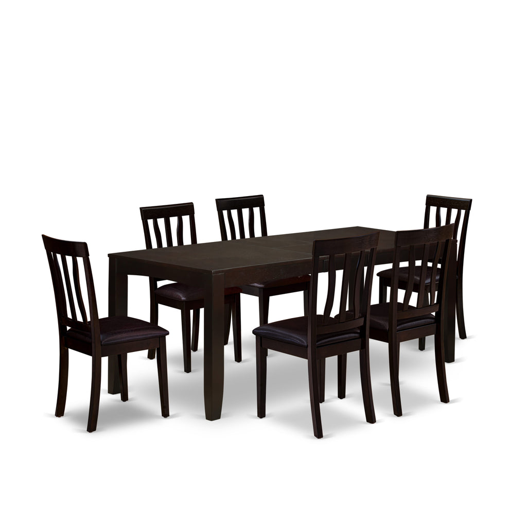 LYAN7-071-UZ 7-Piece Rectangle Dining Set with Butterfly Leaf & Faux Leather Chairs, Cappuccino