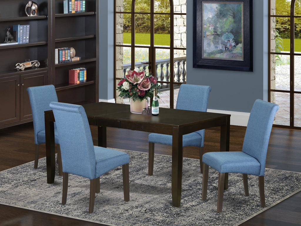 Exquisite LYBA5-N0H-AN Dining Ensemble with Butterfly Leaf Table and Cushioned Blue Chairs