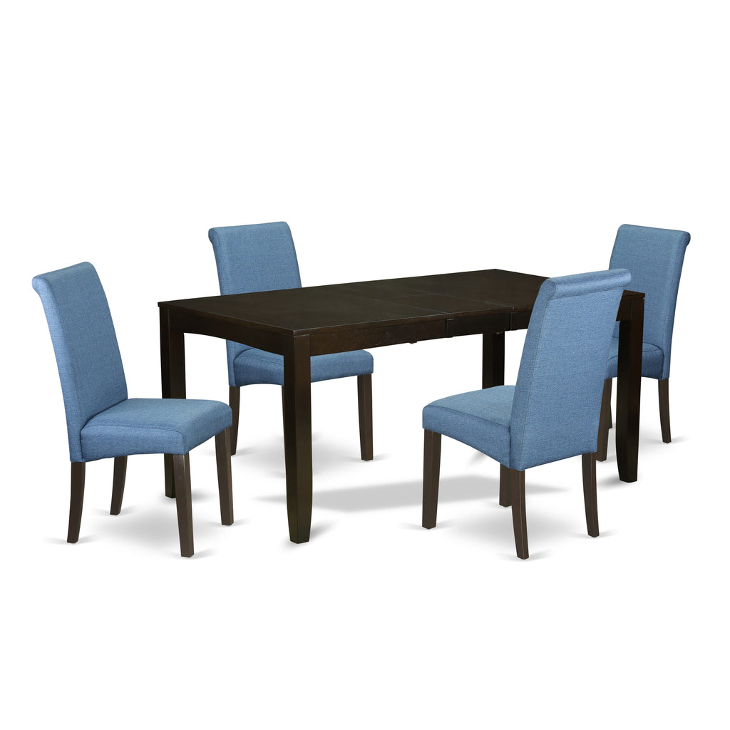 Exquisite LYBA5-N0H-AN Dining Ensemble with Butterfly Leaf Table and Cushioned Blue Chairs