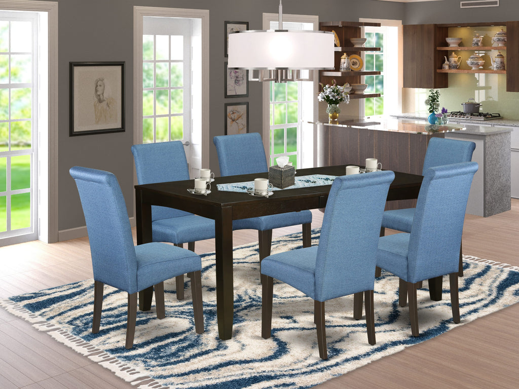 LYBA7-ZUZ-5Q Transformable Dining Ensemble with Expansive Table & Six Elegant Blue Chairs