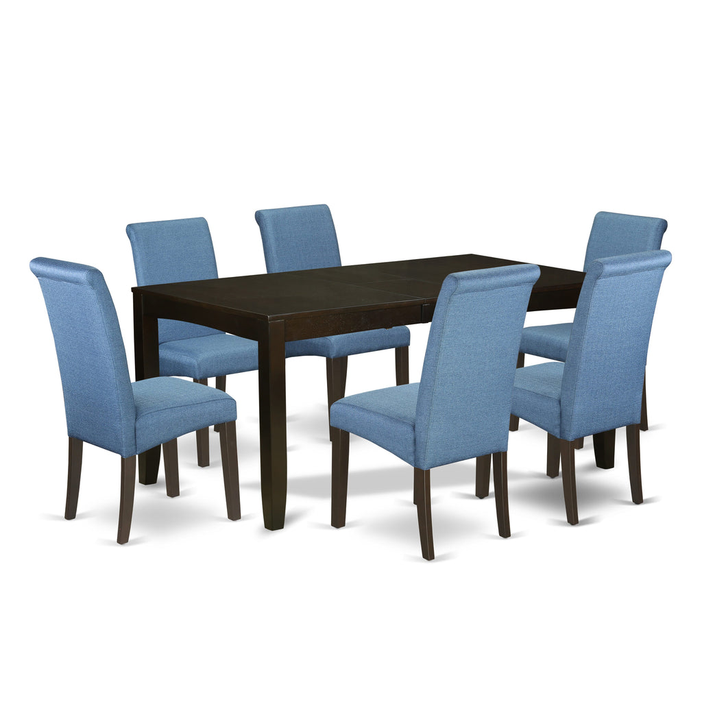 LYBA7-ZUZ-5Q Transformable Dining Ensemble with Expansive Table & Six Elegant Blue Chairs