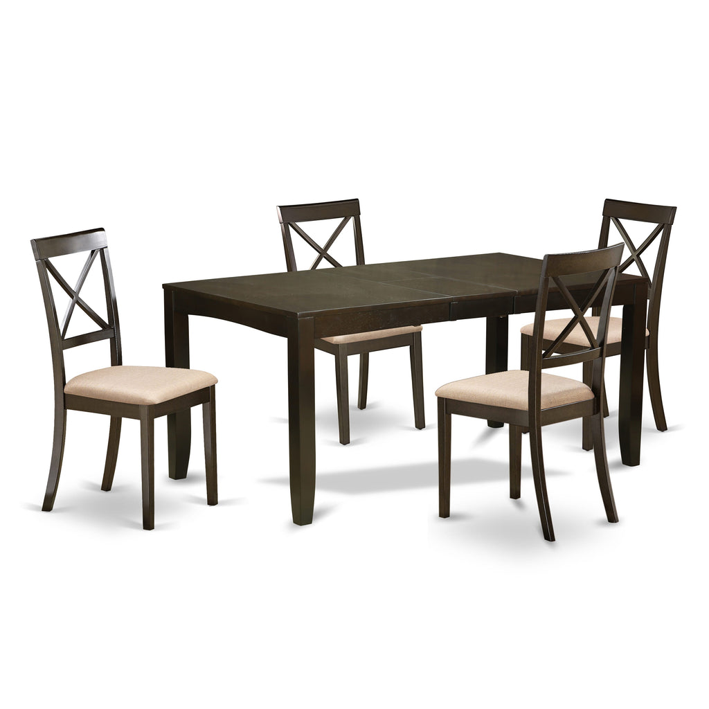 LYBO5-CEU-F 5-Piece Dining Ensemble Rectangular Table w/ Butterfly Extension & 4 Linen Chairs in Rich Cappuccino