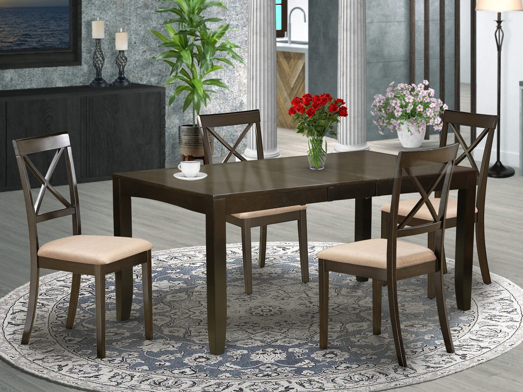 LYBO5-CEU-F 5-Piece Dining Ensemble Rectangular Table w/ Butterfly Extension & 4 Linen Chairs in Rich Cappuccino