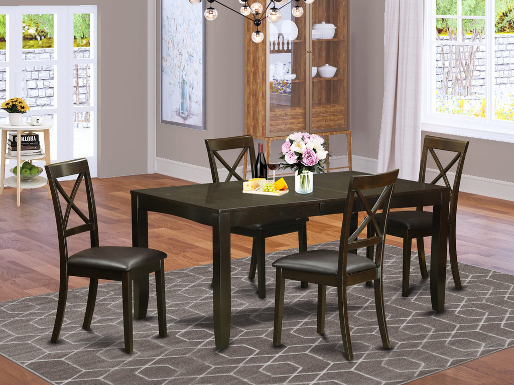 LYBO5-EW1-WQ 5-Piece Dining Set for Four with Rectangular Table Featuring Butterfly Leaf and Faux Leather Chairs, Cappuccino Finish