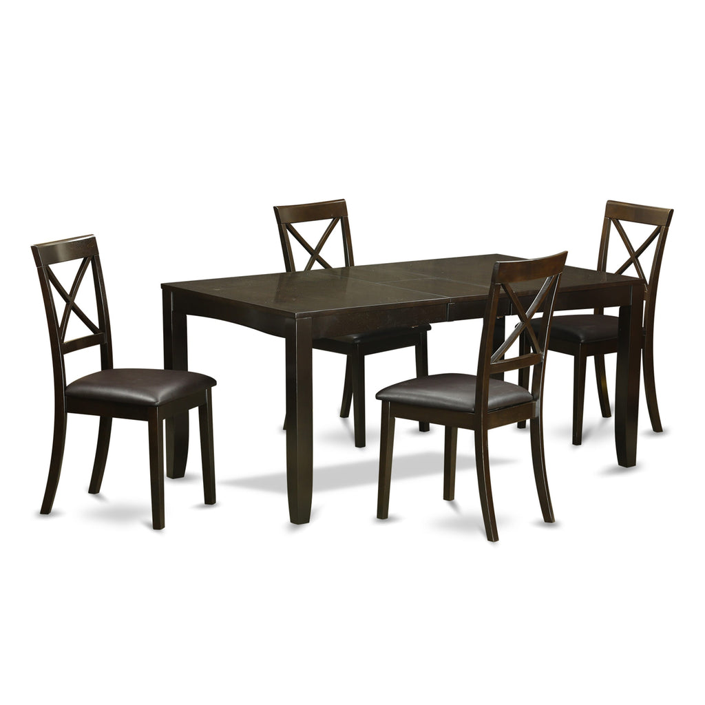 LYBO5-EW1-WQ 5-Piece Dining Set for Four with Rectangular Table Featuring Butterfly Leaf and Faux Leather Chairs, Cappuccino Finish