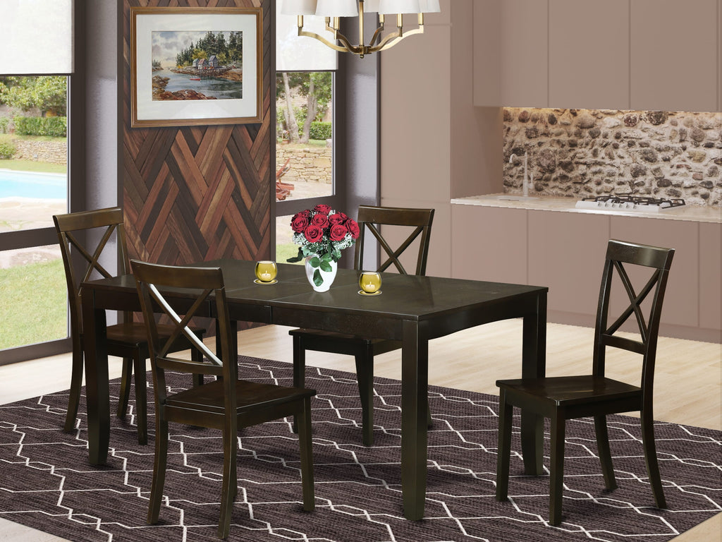 LYBO5-FJ1-P 5-Piece Dining Set for Four with Extending Table and Chairs, Warm Brown Finish