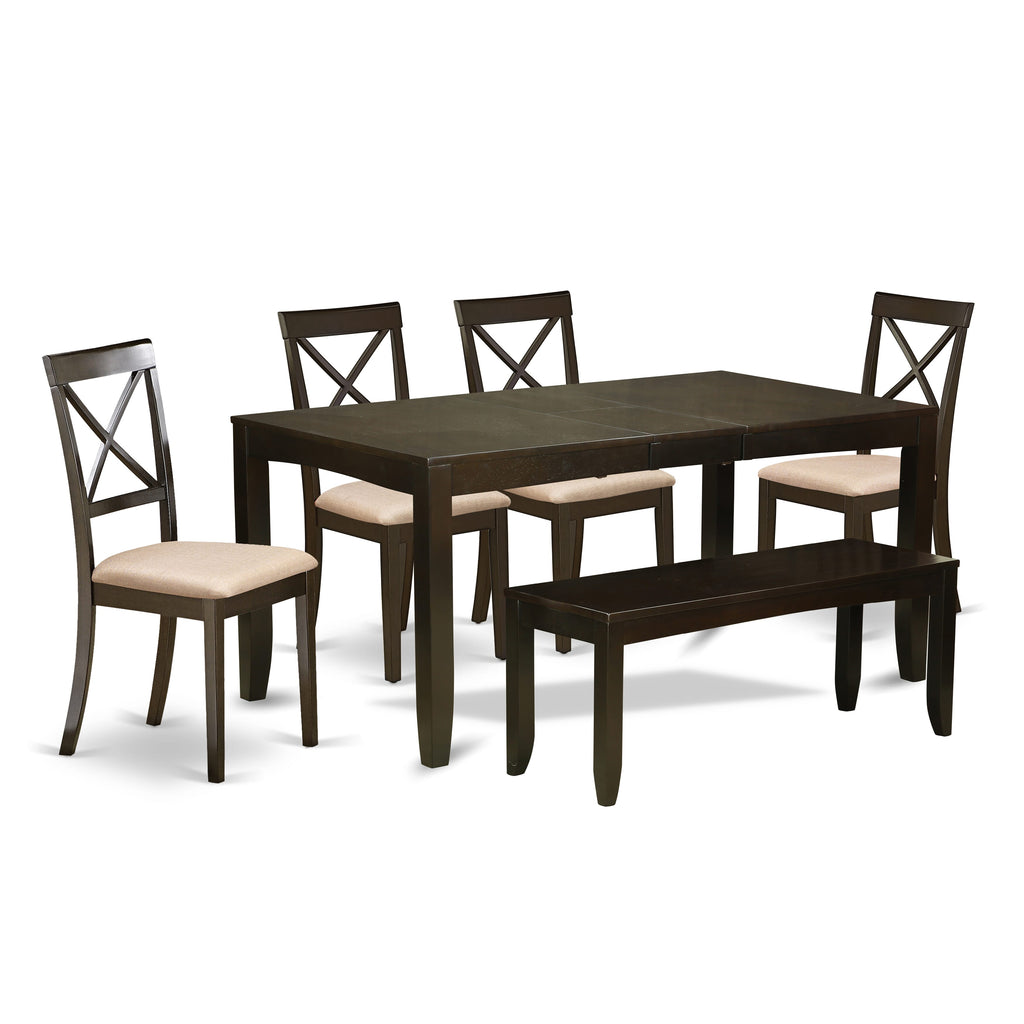 LYBO6-ZES-C Luxurious 6-Piece Dine Set Rectangular Table, Leaf, 4 Linen Chairs & Bench, Rich Cappuccino Finish
