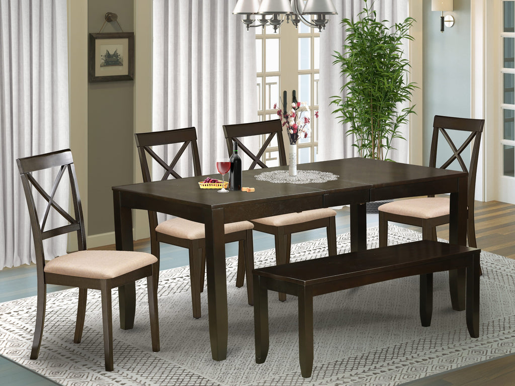LYBO6-ZES-C Luxurious 6-Piece Dine Set Rectangular Table, Leaf, 4 Linen Chairs & Bench, Rich Cappuccino Finish