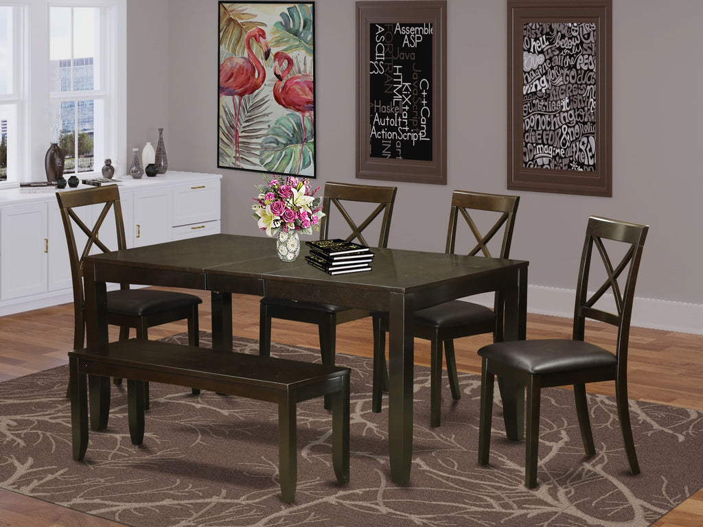 LYBO6-HUO-RX Cappuccino 6-Piece Dining Set Expanding Rectangle Table, Seating for 6 with Bench and Faux Leather Chairs