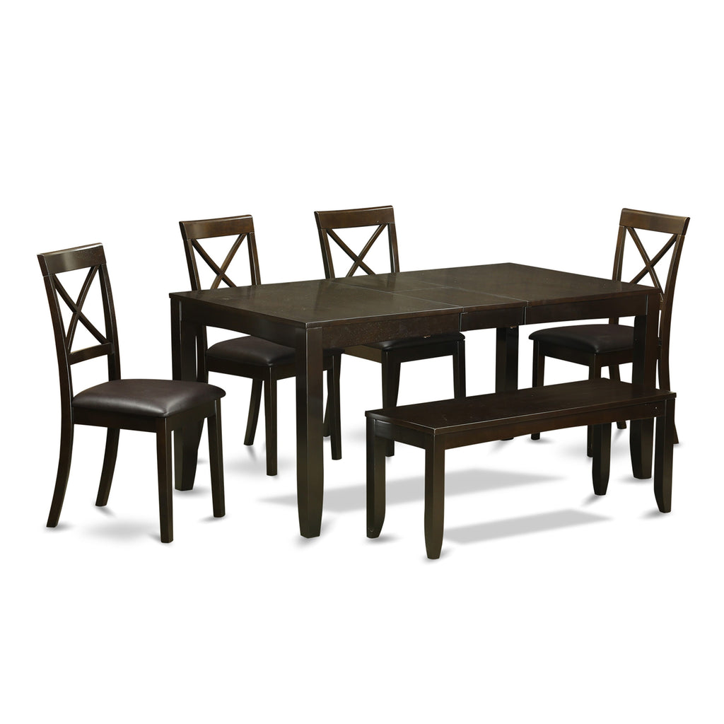 LYBO6-HUO-RX Cappuccino 6-Piece Dining Set Expanding Rectangle Table, Seating for 6 with Bench and Faux Leather Chairs