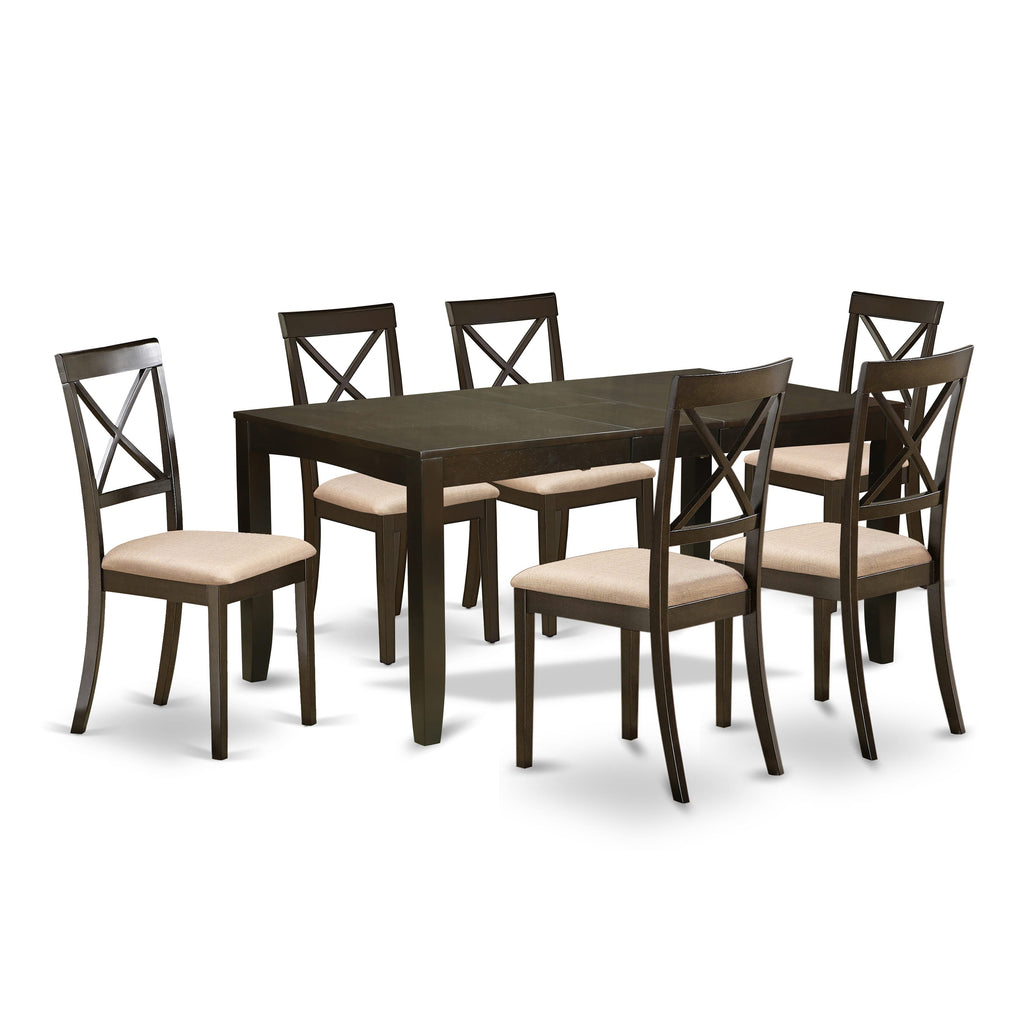 Elegant LYBO7-T8U-6 Dining Set with Extending Table and Comfort Upholstered Chairs for Kitchen, Cappuccino Finish