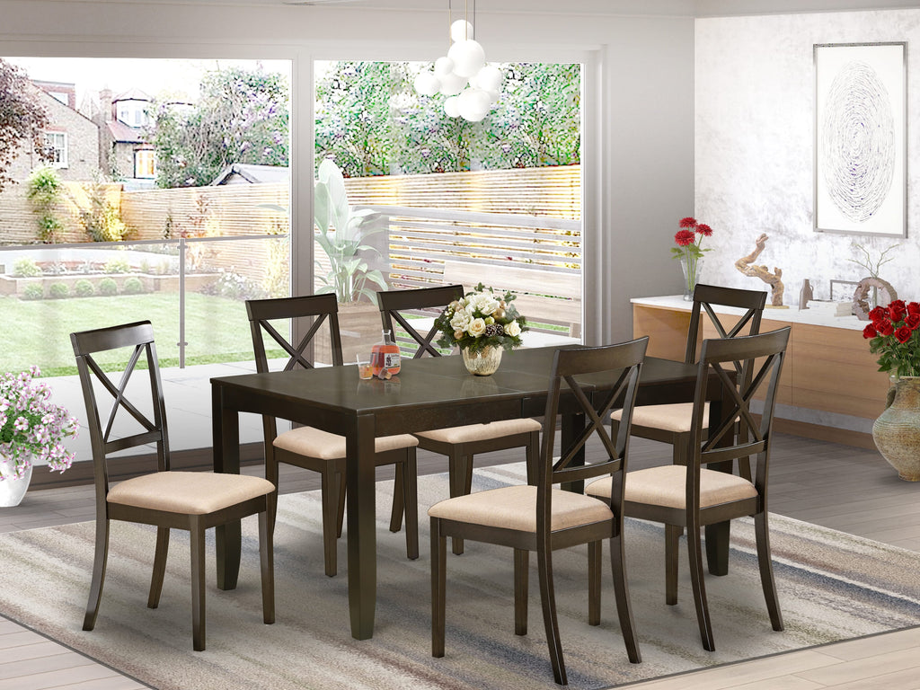 Elegant LYBO7-T8U-6 Dining Set with Extending Table and Comfort Upholstered Chairs for Kitchen, Cappuccino Finish