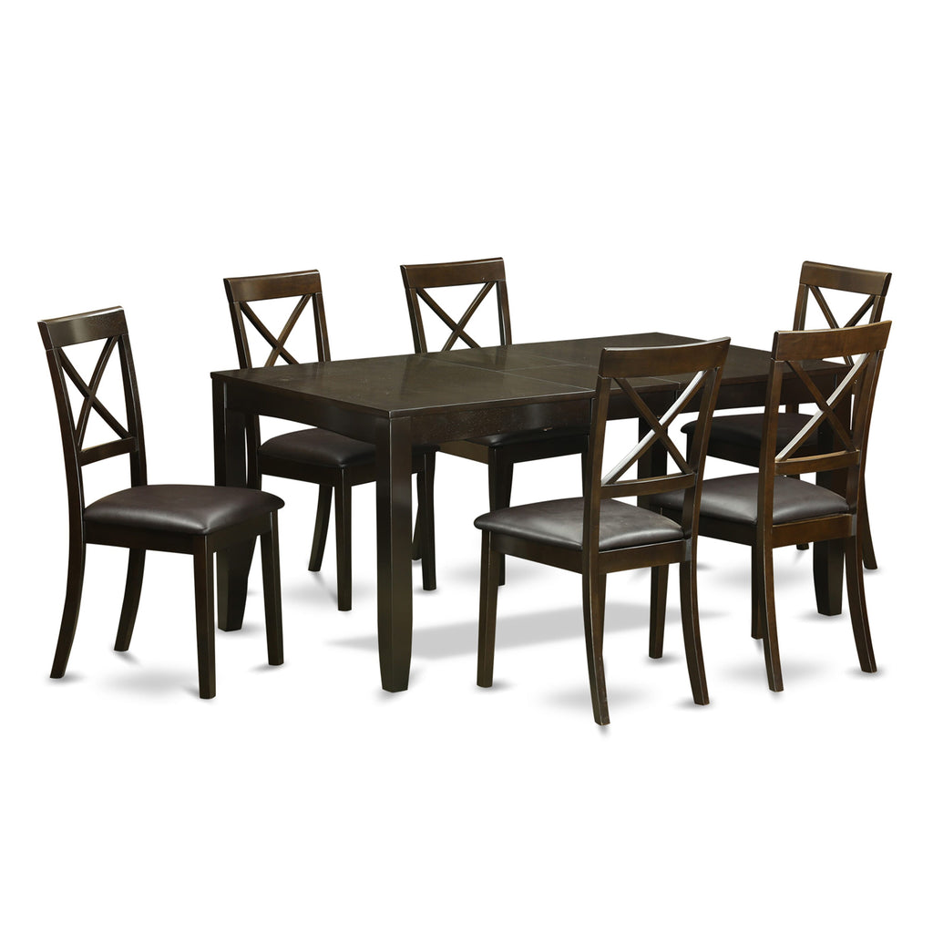 LYBO7-GF5-VN Dining Ensemble Table with Extension & 6 Leather-Style Chairs, Elegant Cappuccino Finish, 36x66