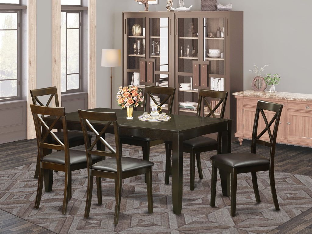 LYBO7-GF5-VN Dining Ensemble Table with Extension & 6 Leather-Style Chairs, Elegant Cappuccino Finish, 36x66
