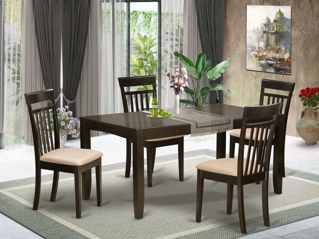 LYCA5-RCD-4 Five-Piece Dining Ensemble with Expandable Wooden Table and Comfy Linen Chairs, 36x66 Inches, Rich Coffee Hue