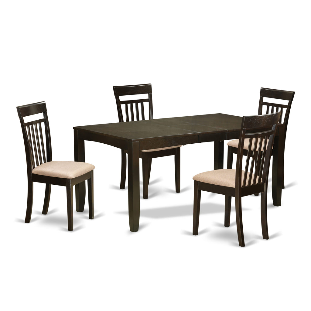 LYCA5-RCD-4 Five-Piece Dining Ensemble with Expandable Wooden Table and Comfy Linen Chairs, 36x66 Inches, Rich Coffee Hue