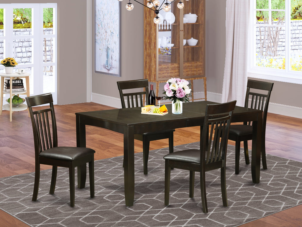 LYCA5-1JA-6T Gourmet Dining Ensemble 5-Piece Rectangle Table with Extension Leaf and Four Leather Chairs, Rich Cappuccino Finish