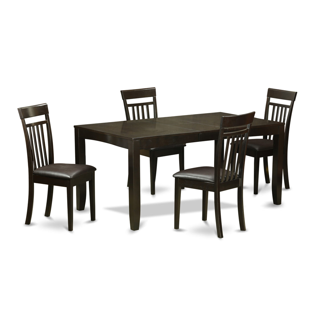 LYCA5-1JA-6T Gourmet Dining Ensemble 5-Piece Rectangle Table with Extension Leaf and Four Leather Chairs, Rich Cappuccino Finish