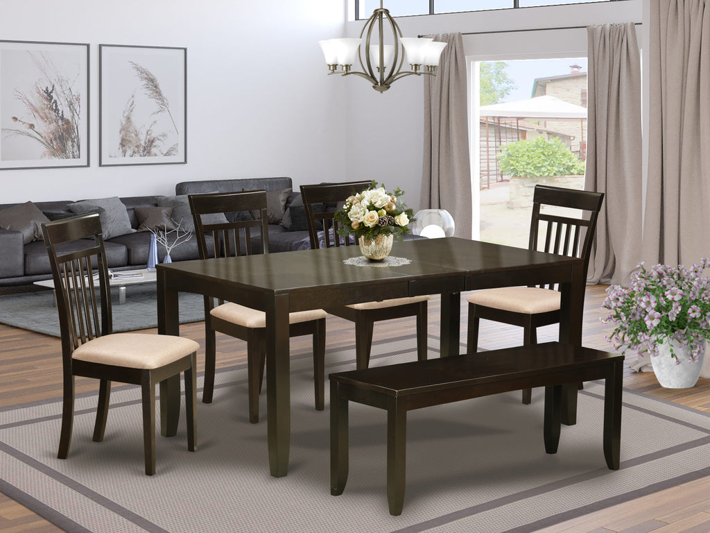 LYCA6-LUG-T Elegant 6-Piece Dining Ensemble with Expandable Table, Four Chairs & Bench in Rich Cappuccino Finish