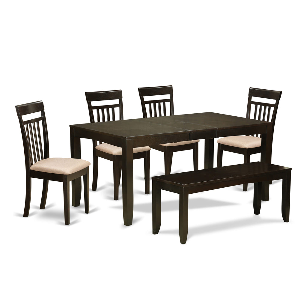 LYCA6-LUG-T Elegant 6-Piece Dining Ensemble with Expandable Table, Four Chairs & Bench in Rich Cappuccino Finish
