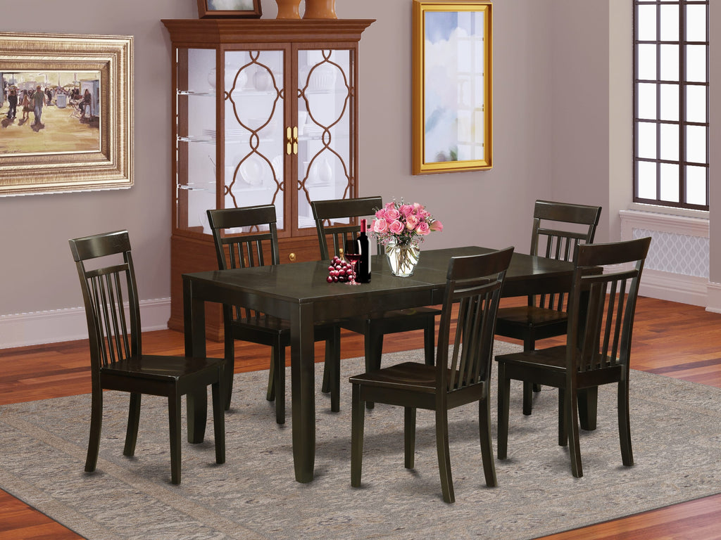 Elegant LYCA7-O8L-Q 7-Piece Rectangle Dining Set with Chic Leaf Extension & 6 Chairs, 36x66, Cappuccino Finish