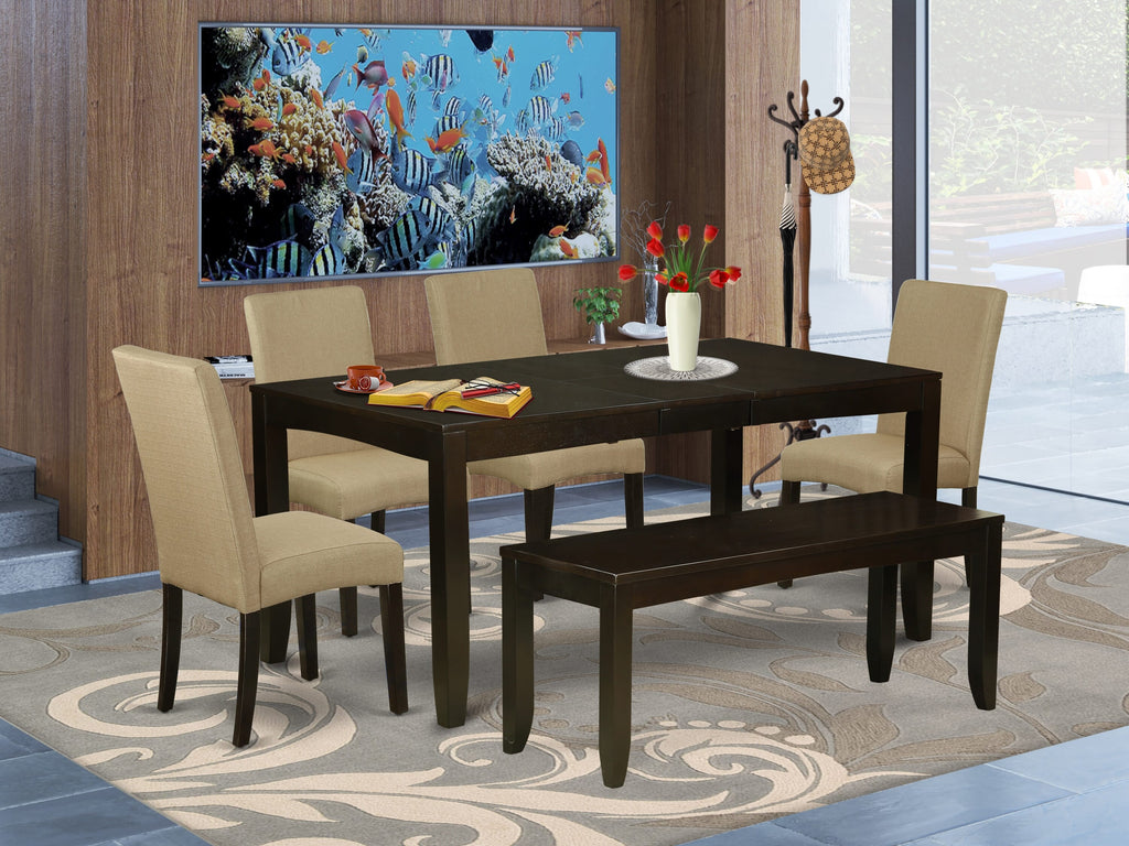 LYDR6-W8C-FB 6-Piece Dining Set with Expanding Table, Padded Chairs & Bench in Warm Brown Finish