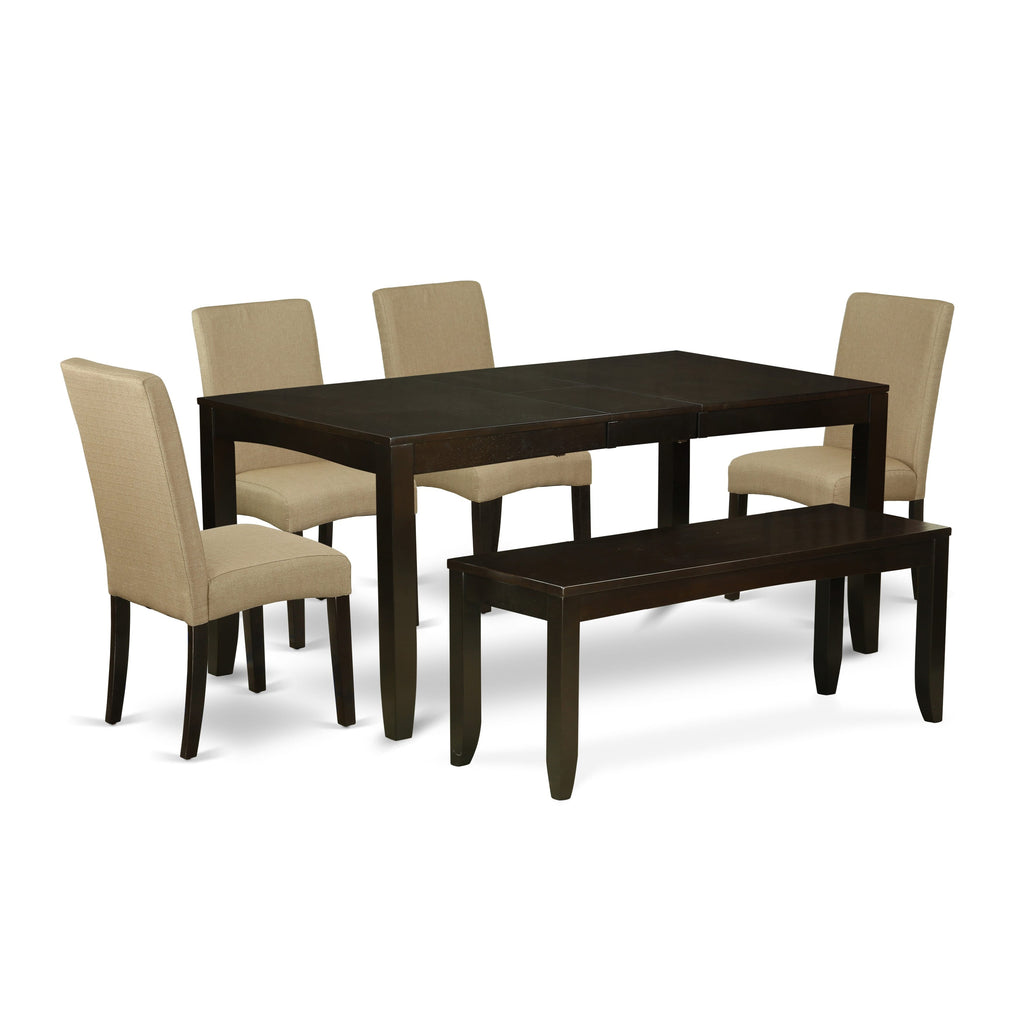 LYDR6-W8C-FB 6-Piece Dining Set with Expanding Table, Padded Chairs & Bench in Warm Brown Finish