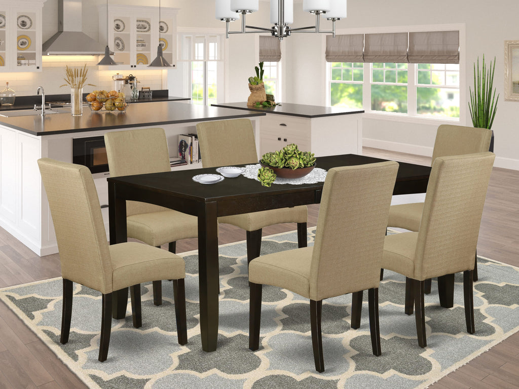Grand 7-Piece Dining Set LYDR7-F56-X4 Elegant Rectangular Table, Extendable Leaf, 6 Plush Chairs, Rich Cappuccino Finish