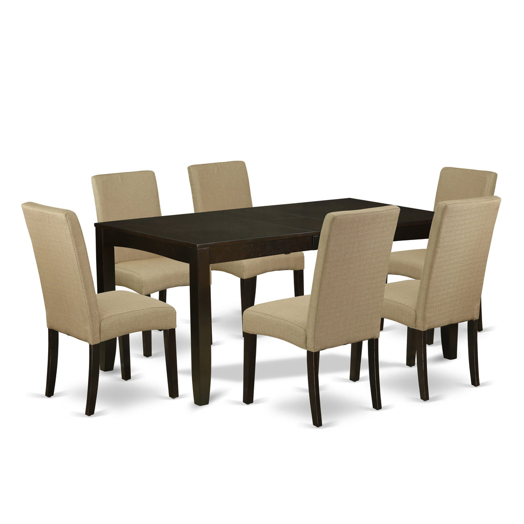 Grand 7-Piece Dining Set LYDR7-F56-X4 Elegant Rectangular Table, Extendable Leaf, 6 Plush Chairs, Rich Cappuccino Finish