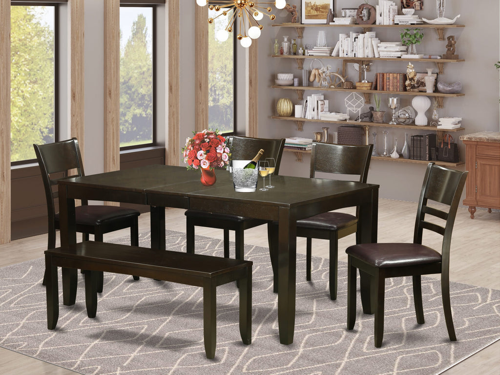 LYFD6-SFF-YV 6 Piece Set Dining Table with Extension, 4 Leather-Like Chairs & Bench, 36x66 Cappuccino