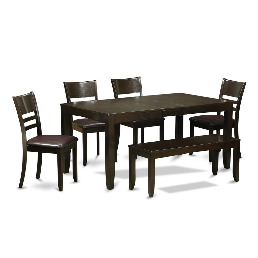 LYFD6-SFF-YV 6 Piece Set Dining Table with Extension, 4 Leather-Like Chairs & Bench, 36x66 Cappuccino
