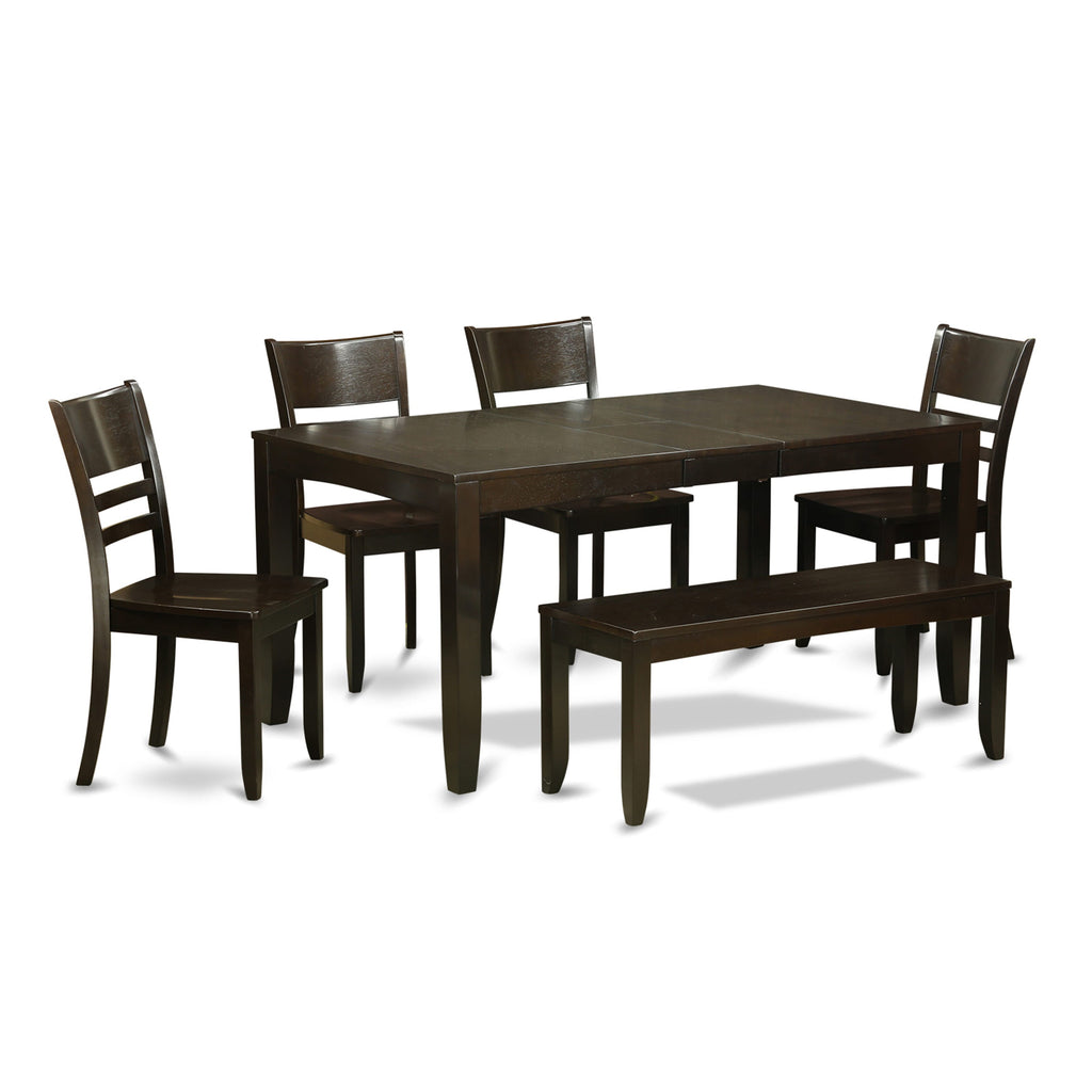 LYFD6-X9Z-E Elegant 6-Piece Dining Set with Butterfly Leaf Table, 4 Chairs, and Bench, 36x66 in Rich Cappuccino Finish