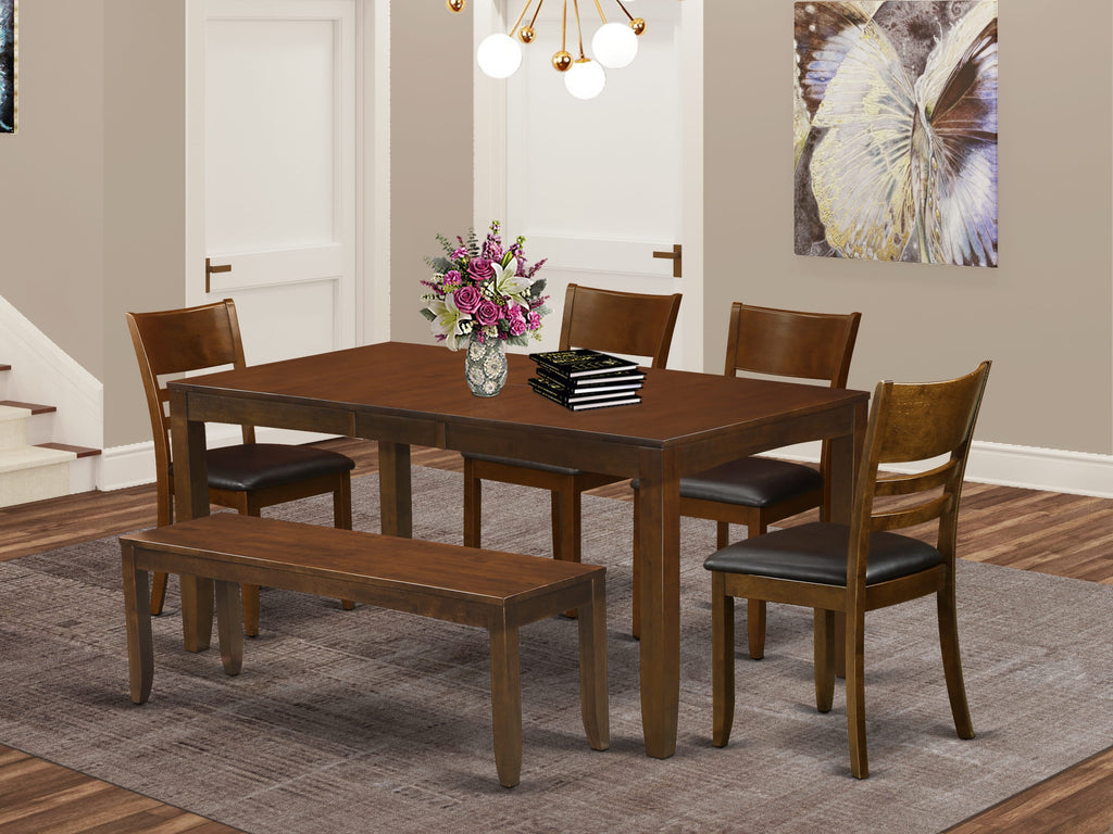 Espresso Dining Set LYFD6-4BO-9D Rectangular Table, 4 Chairs & Bench, with Butterfly Leaf, 6 piece Set