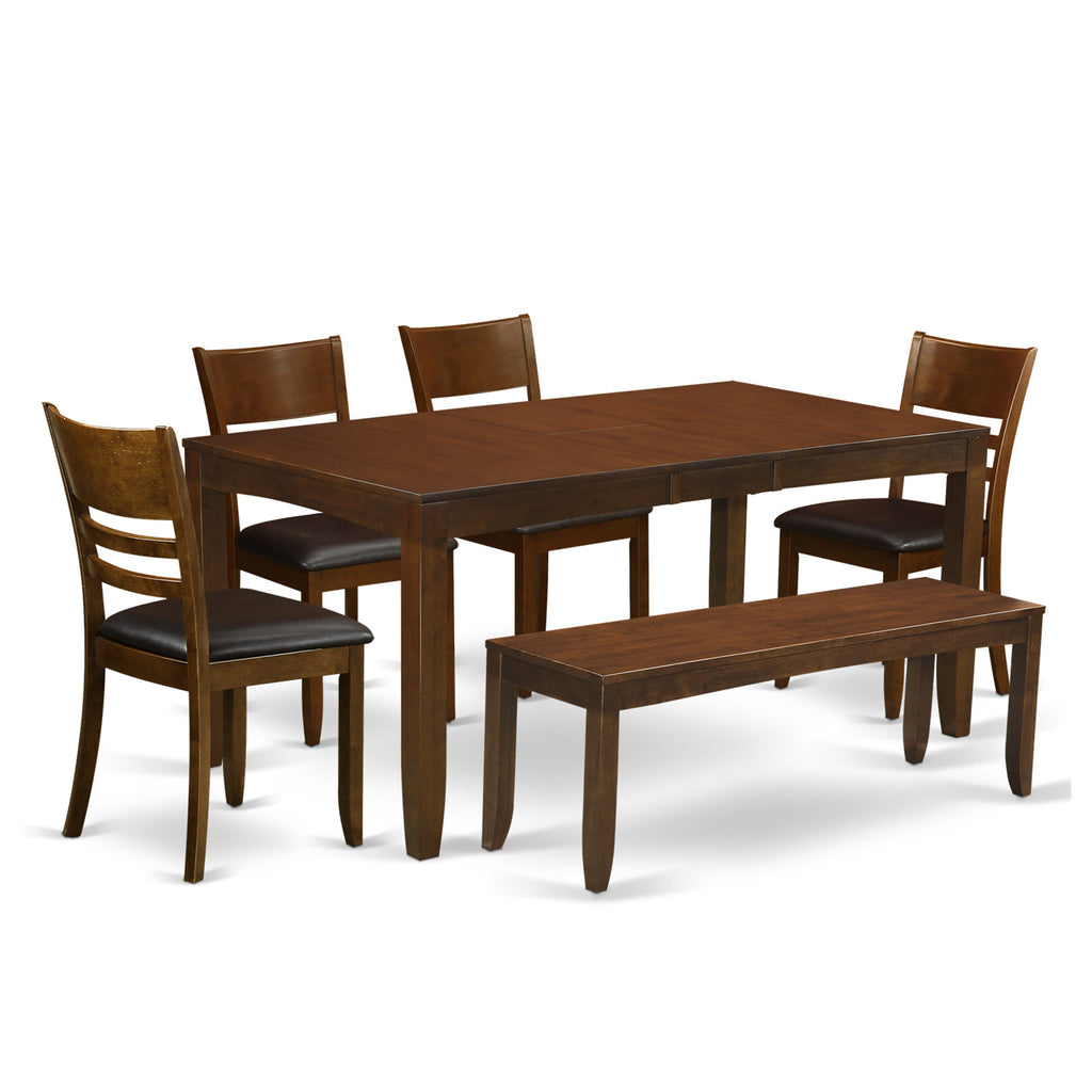 Espresso Dining Set LYFD6-4BO-9D Rectangular Table, 4 Chairs & Bench, with Butterfly Leaf, 6 piece Set