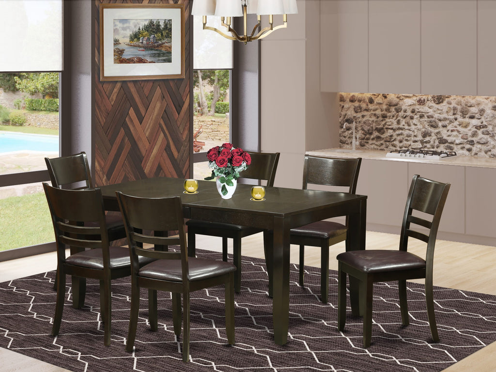 LYFD7-6D3-LR 7-Piece Dining Ensemble with Extendable Rectangular Table and 6 Faux Leather Chairs, Cappuccino Finish