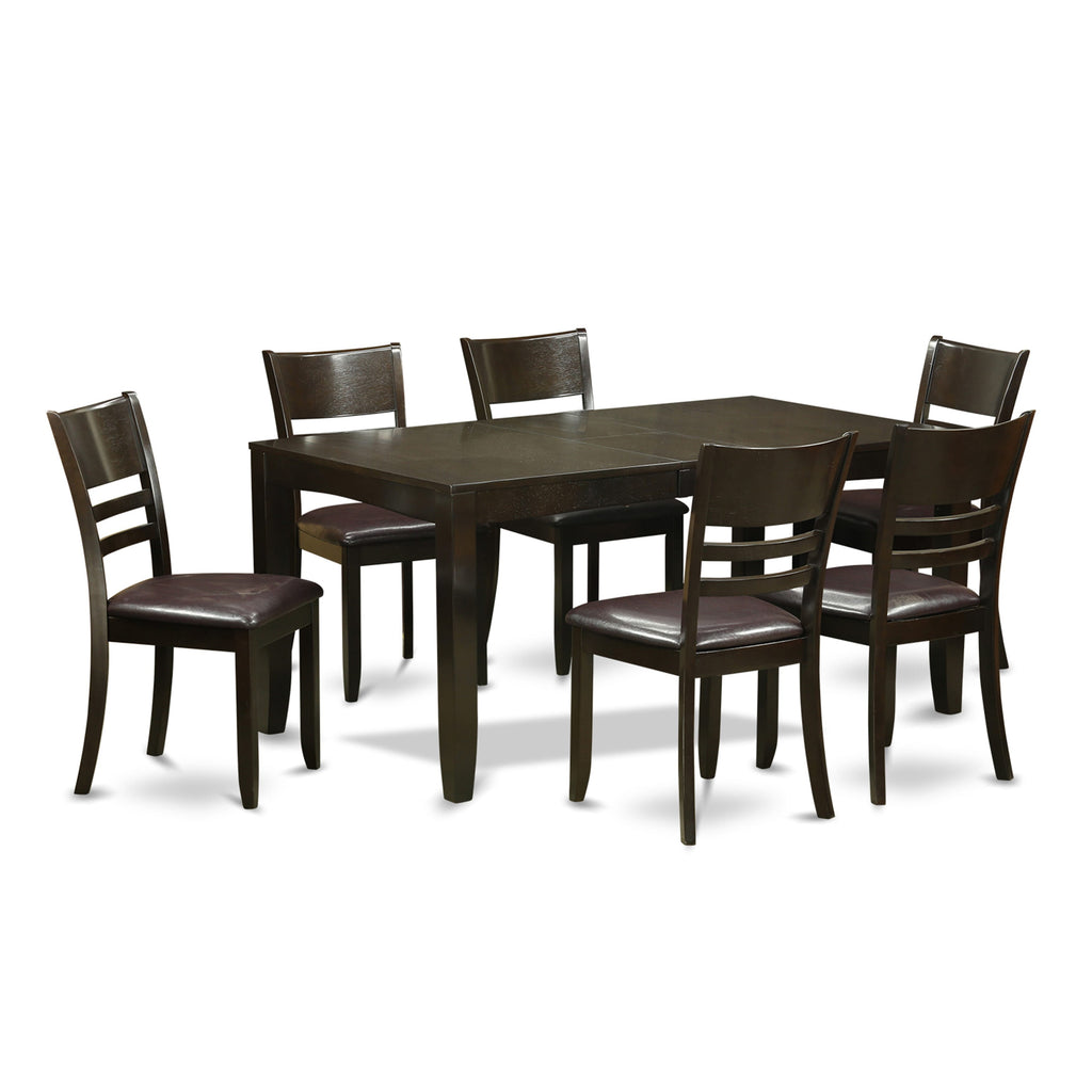 LYFD7-6D3-LR 7-Piece Dining Ensemble with Extendable Rectangular Table and 6 Faux Leather Chairs, Cappuccino Finish