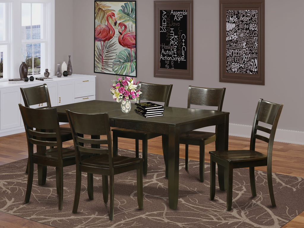 LYFD7-9NT-H Elegant 7-Piece Dining Set Featuring Expanding Table and 6 Chairs, Rich Cappuccino Finish