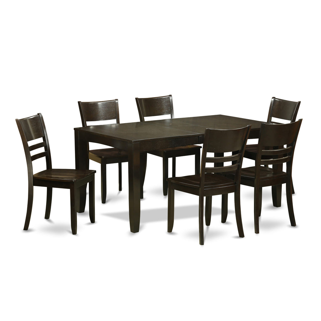 LYFD7-9NT-H Elegant 7-Piece Dining Set Featuring Expanding Table and 6 Chairs, Rich Cappuccino Finish