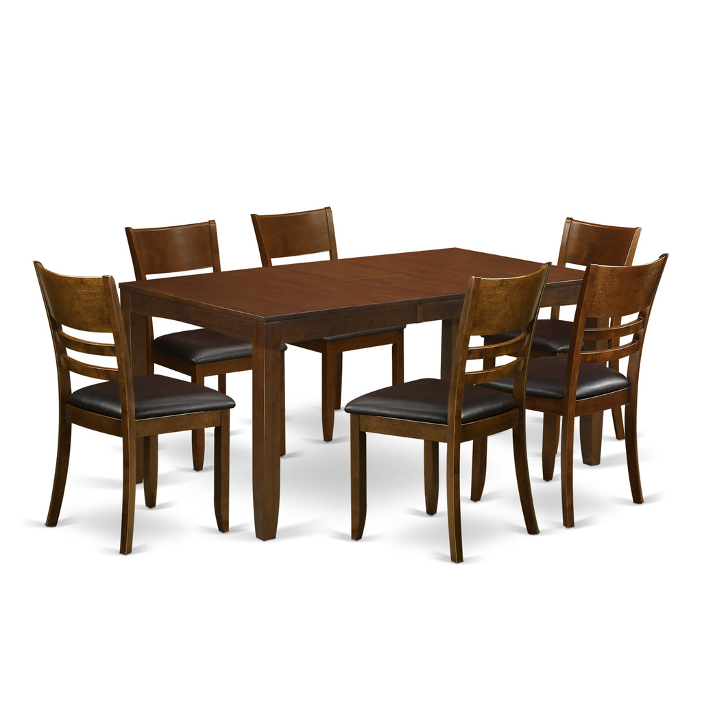 LYFD7-AYX-RU Stylish 7 Piece Dining Set with Leather Chairs and Expandable Table, Warm Espresso Finish