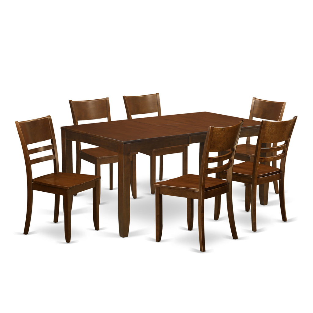 LYFD7-0N2-I 7 Piece Dining Ensemble with Expanding Rectangular Table & Six Chairs, Rich Espresso