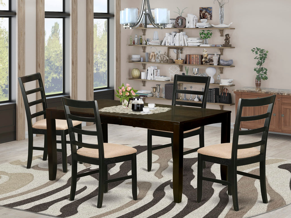LYPF5-3LV-I 5-Piece Dining Ensemble for 4, Butterfly Leaf Table & Upholstered Seats, Stylish Cappuccino Finish