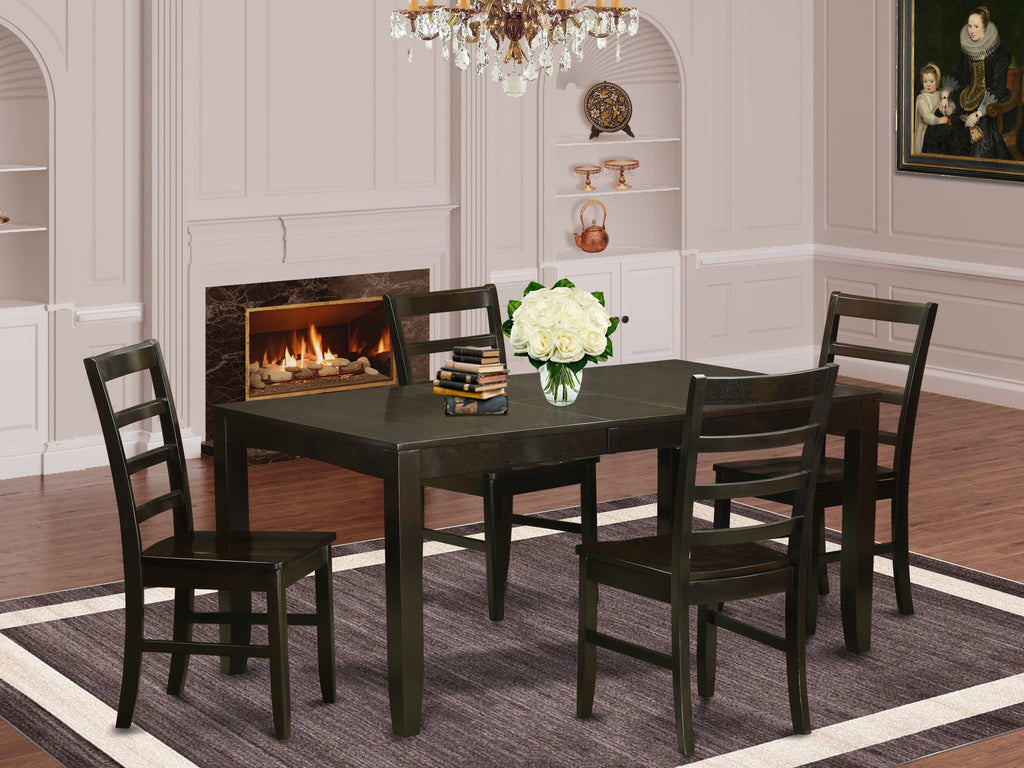 LYPF5-0LQ-9 Elegant 5-Piece Dining Ensemble Expansive Rectangle Table with Butterfly Extension and Four Stately Chairs, Cappuccino Finish, 36x66 Inches