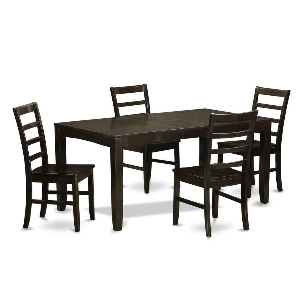 LYPF5-0LQ-9 Elegant 5-Piece Dining Ensemble Expansive Rectangle Table with Butterfly Extension and Four Stately Chairs, Cappuccino Finish, 36x66 Inches