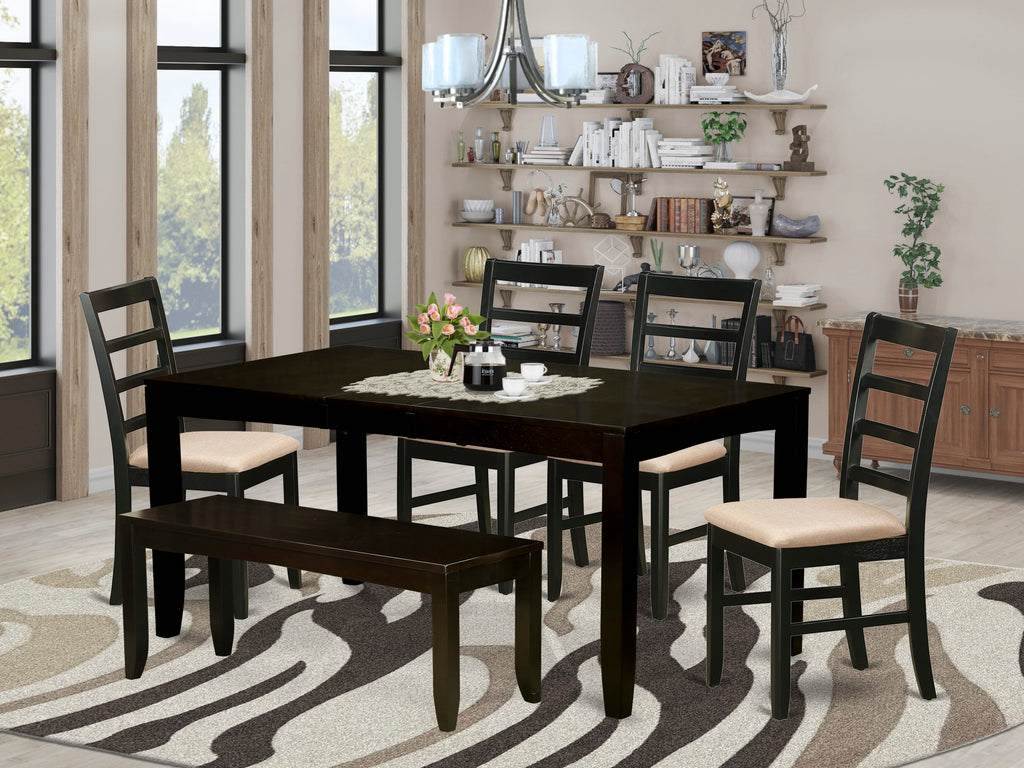 LYPF6-HFL-J 7-Piece Dining Ensemble Featuring Rectangular Table, Leaf Add-On, 4 Upholstered Chairs & Bench