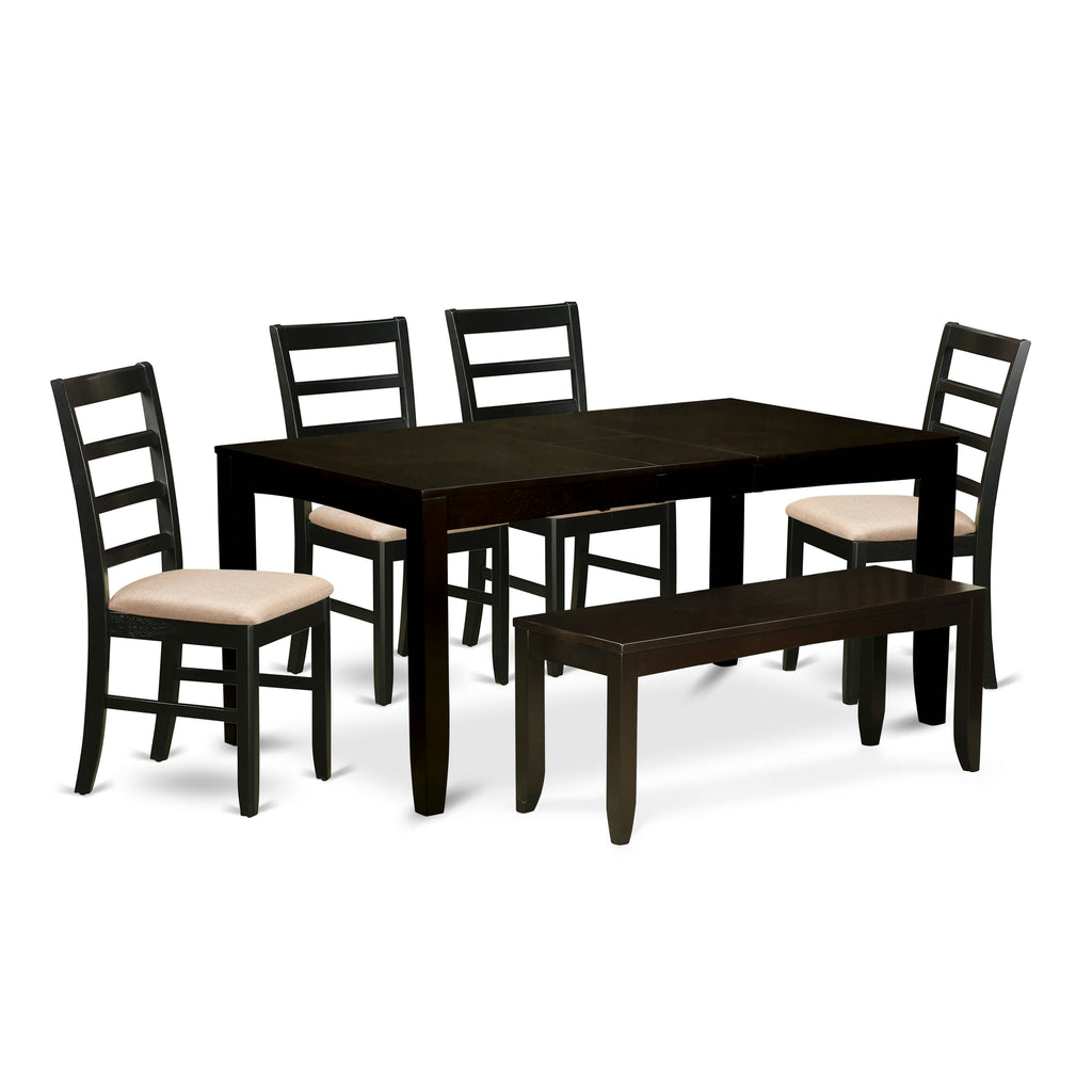 LYPF6-HFL-J 7-Piece Dining Ensemble Featuring Rectangular Table, Leaf Add-On, 4 Upholstered Chairs & Bench