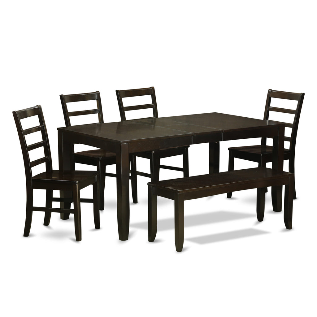 LYPF6-RQQ-F 6-Piece Dining Set with Butterfly Leaf Table, 4 Chairs, and Bench, 36x66, in Rich Cappuccino