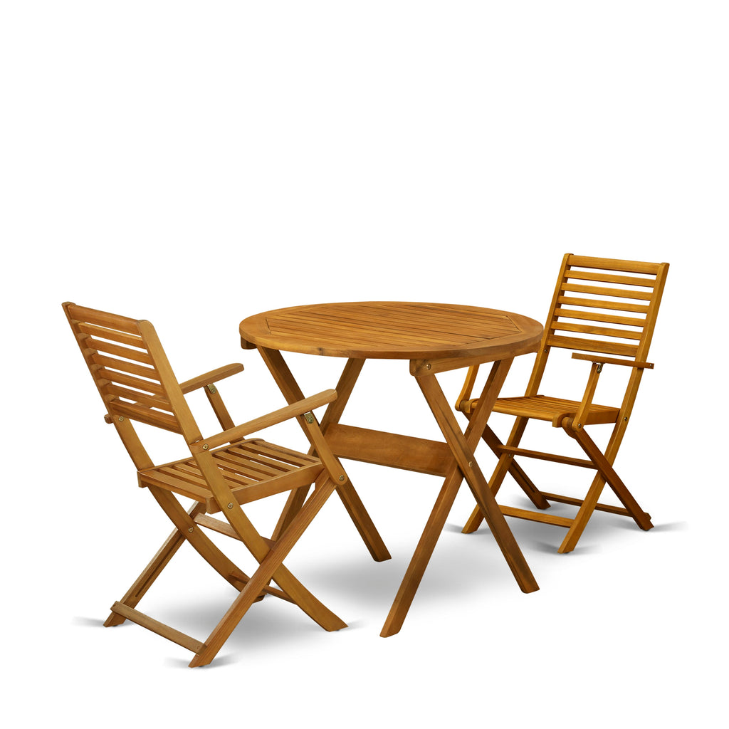 MNBS37P8U Elegant Outdoor Set with Round Acacia Table and Two Folding Chairs, Natural Finish