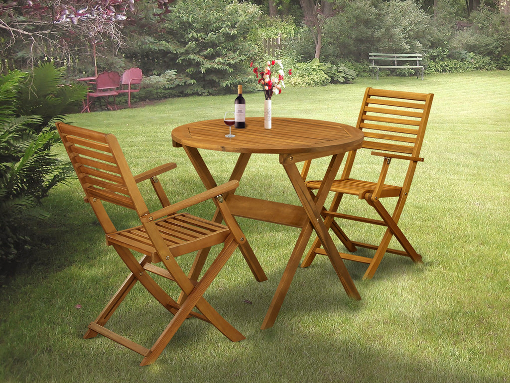 MNBS37P8U Elegant Outdoor Set with Round Acacia Table and Two Folding Chairs, Natural Finish
